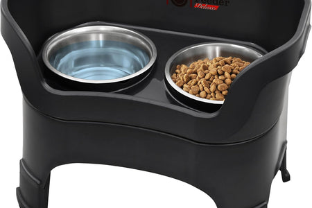 Neater Feeder - Deluxe Model Adjustable Height - Mess-Proof Dog Bowls (Large, Midnight Black) - Made in USA - Elevated, No Spill, Non-Tip, Non-Slip, Raised Stainless Steel Food & Water Pet Bowls